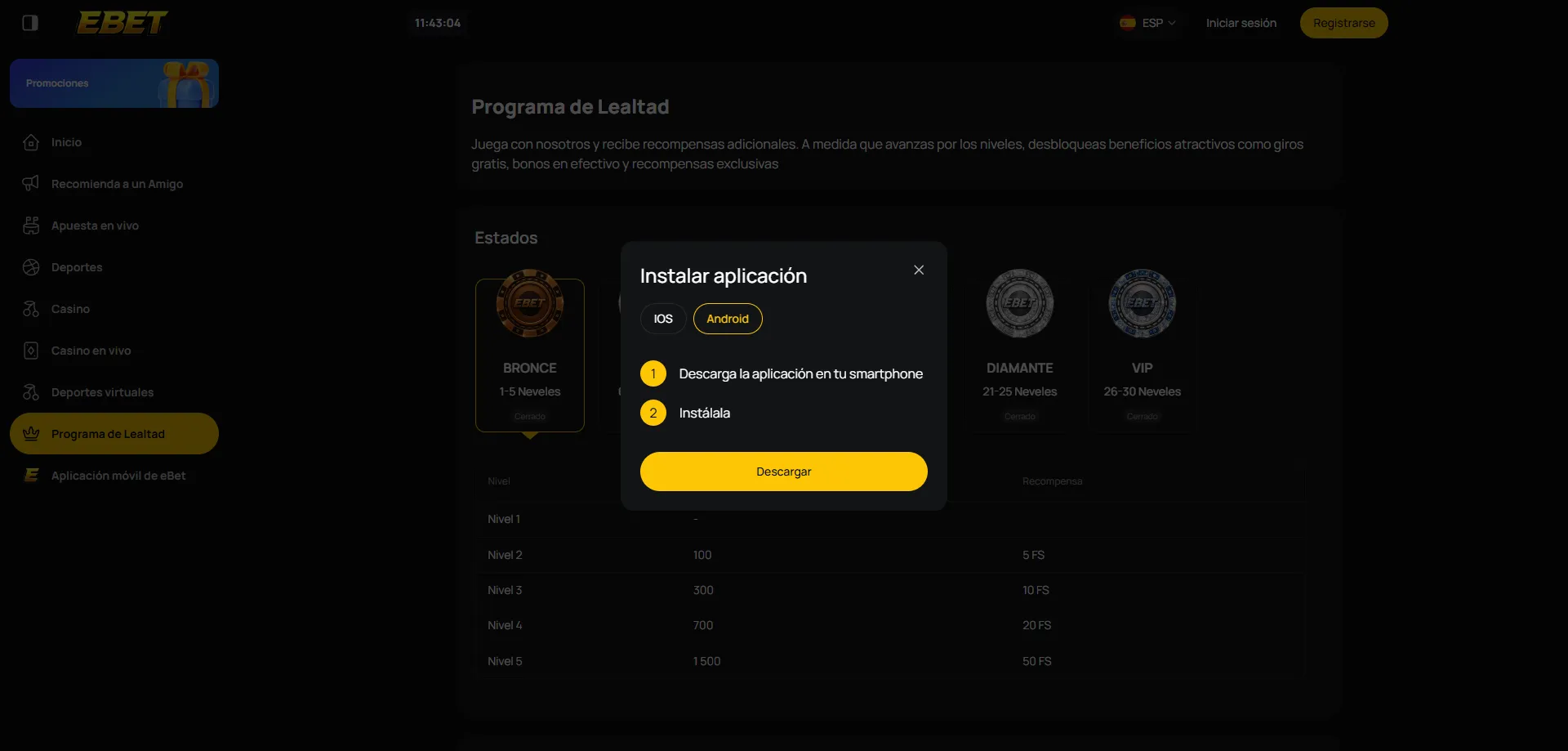 Aplicación móvil de eBet Casino para iOS y Android